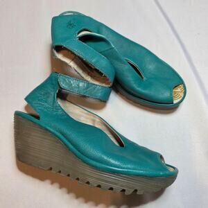 Fly London Sandals Womens Size 6.5 Teal Leather Strappy Slingback P500072046